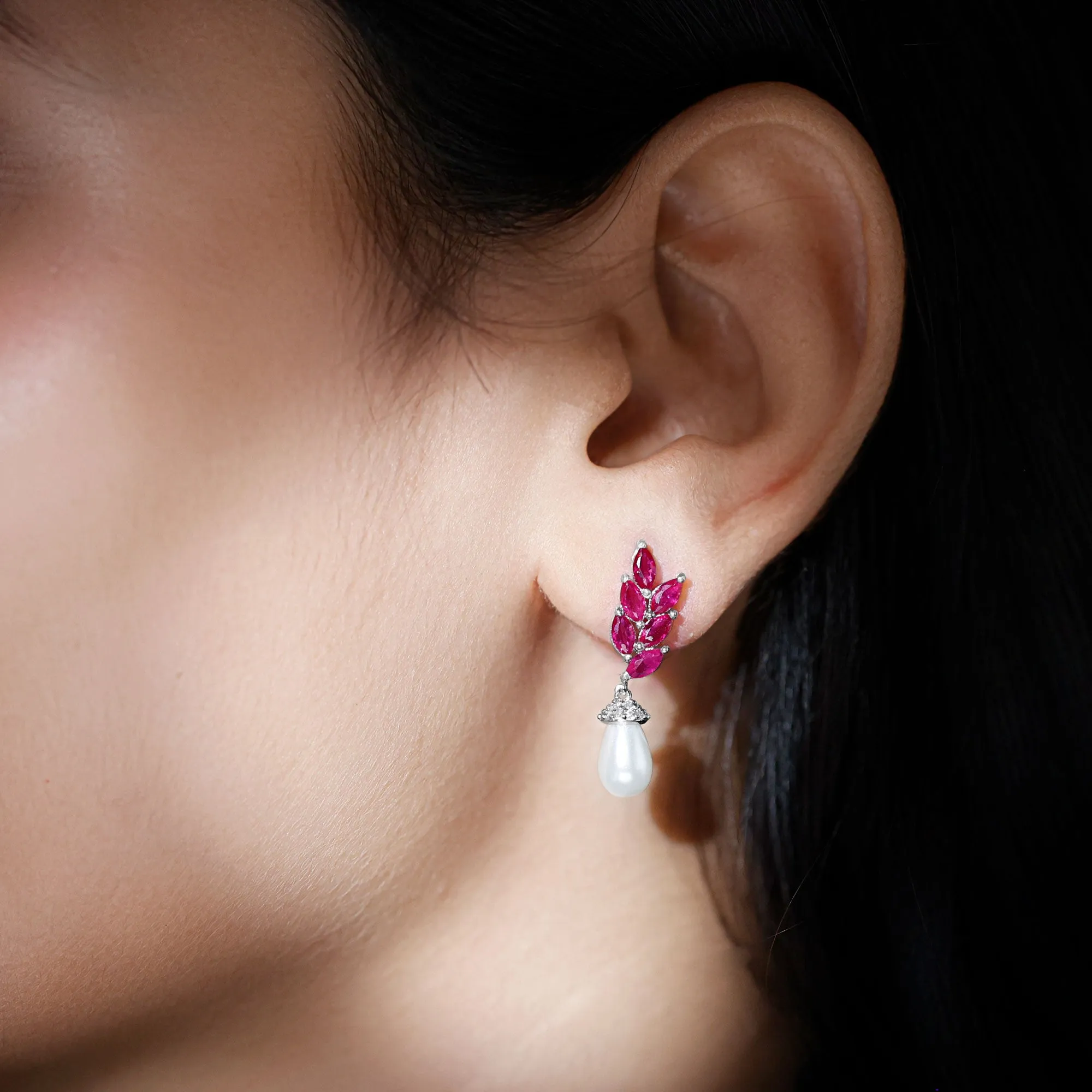 Nature Inspired Freshwater Pearl Drop Earrings with Ruby