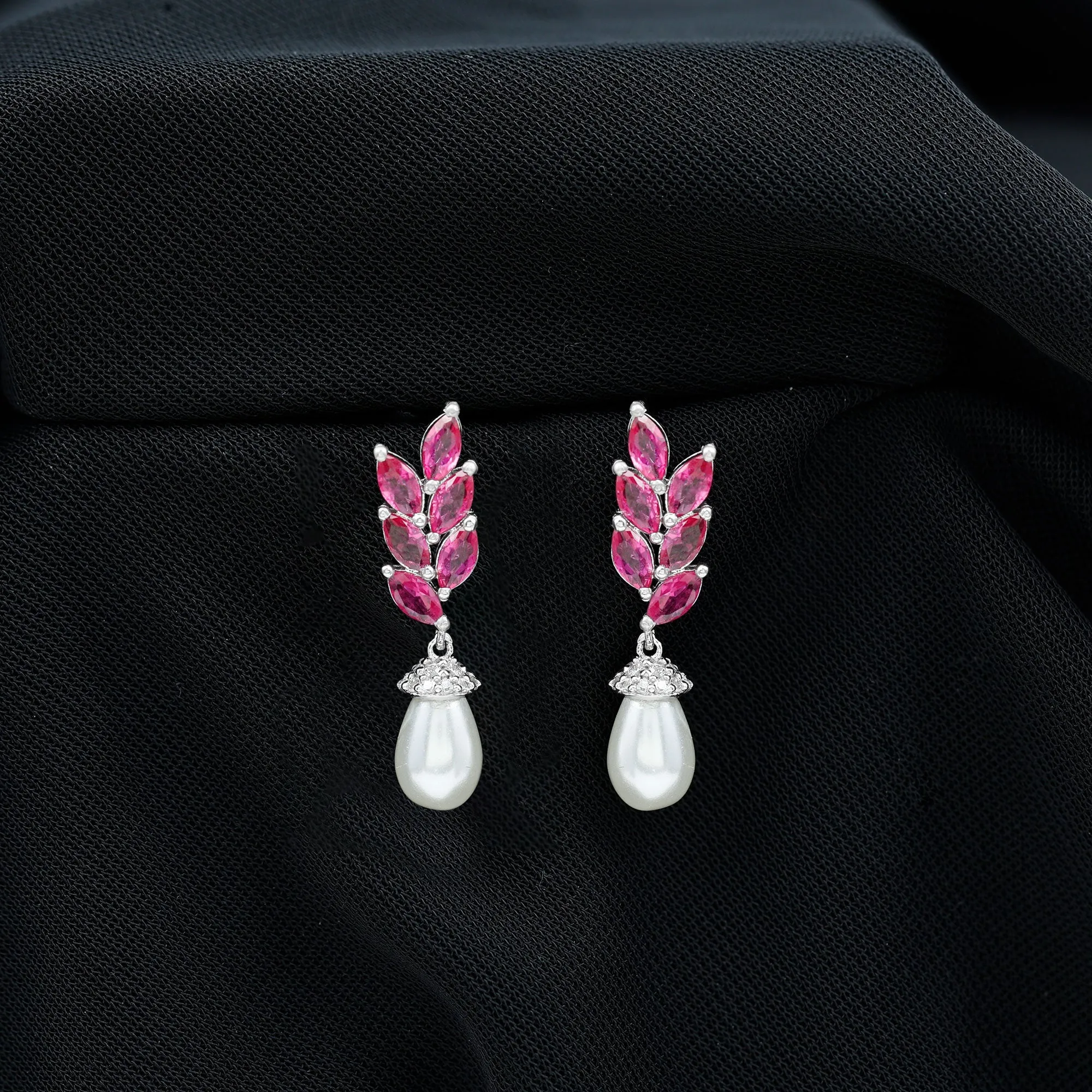Nature Inspired Freshwater Pearl Drop Earrings with Ruby