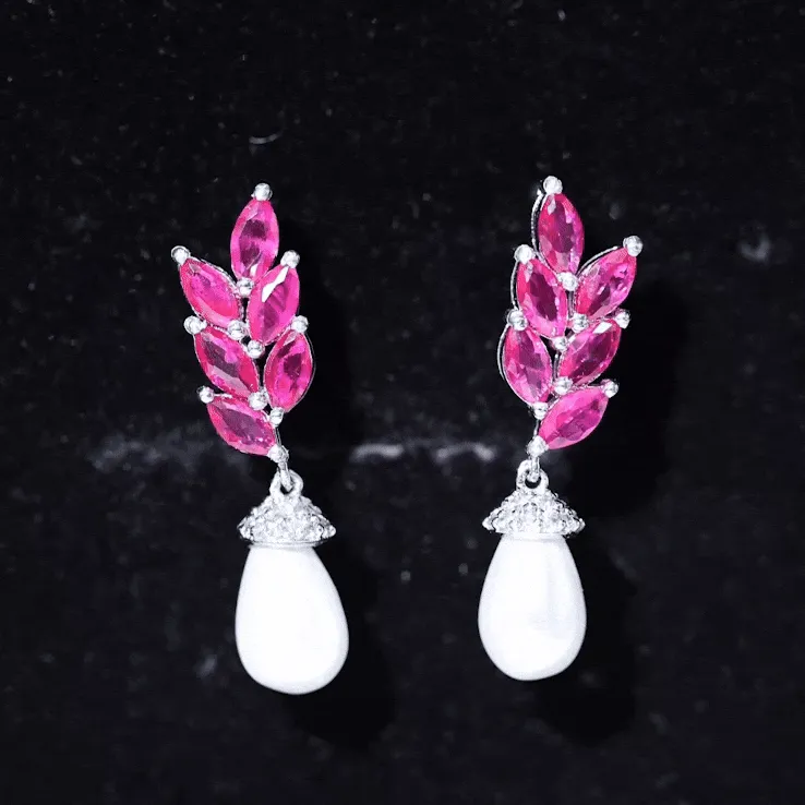 Nature Inspired Freshwater Pearl Drop Earrings with Ruby