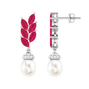 Nature Inspired Freshwater Pearl Drop Earrings with Ruby