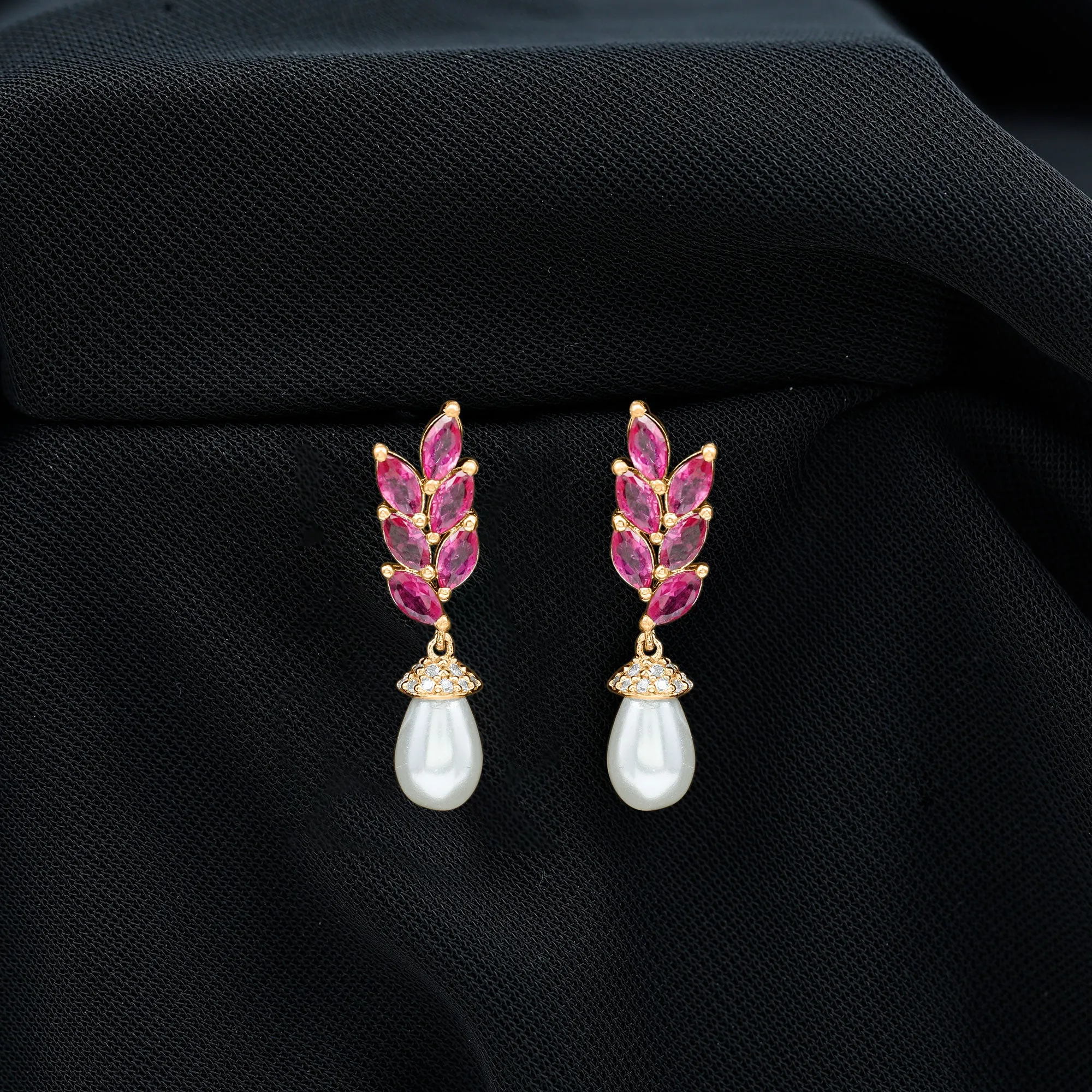 Nature Inspired Freshwater Pearl Drop Earrings with Ruby
