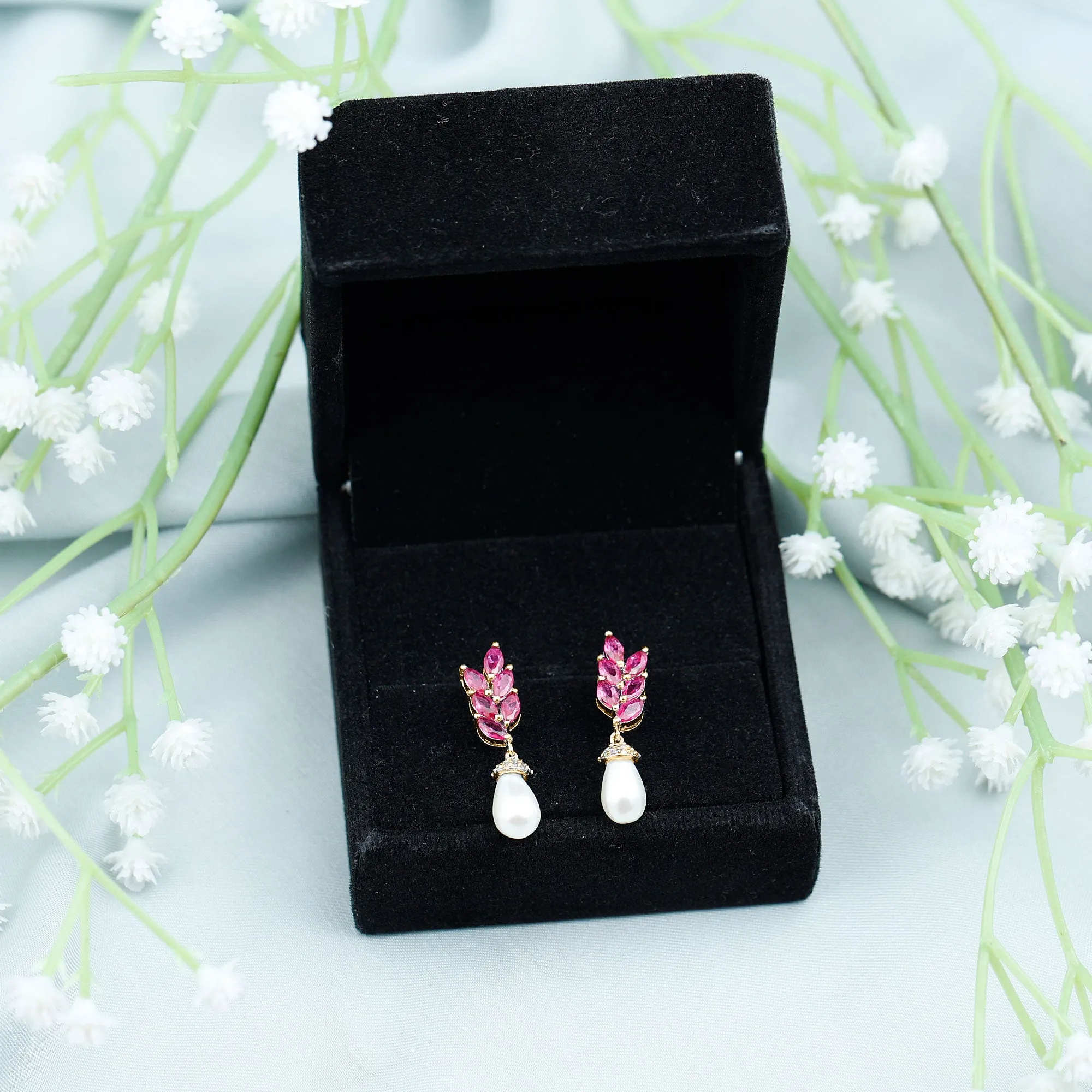Nature Inspired Freshwater Pearl Drop Earrings with Ruby