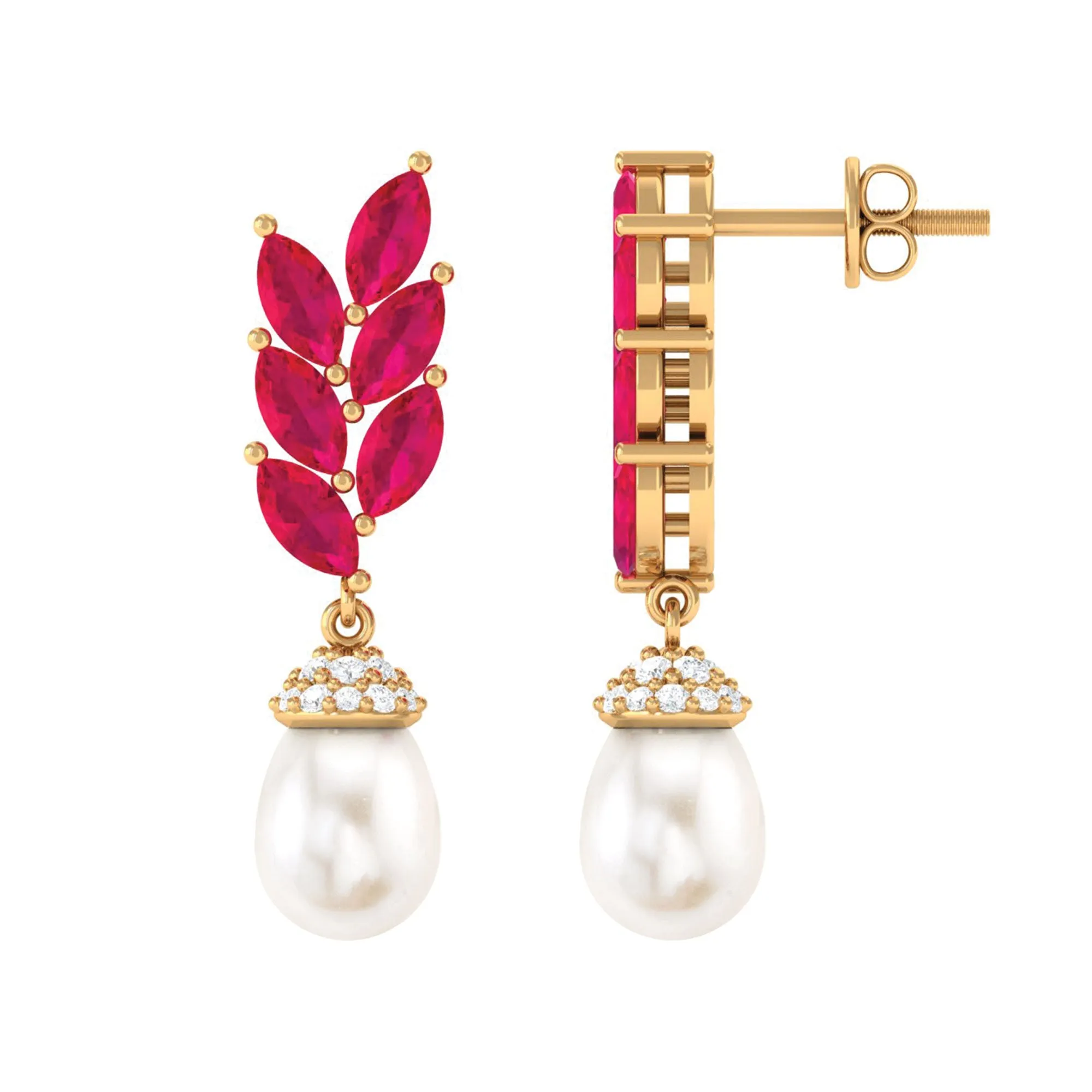 Nature Inspired Freshwater Pearl Drop Earrings with Ruby