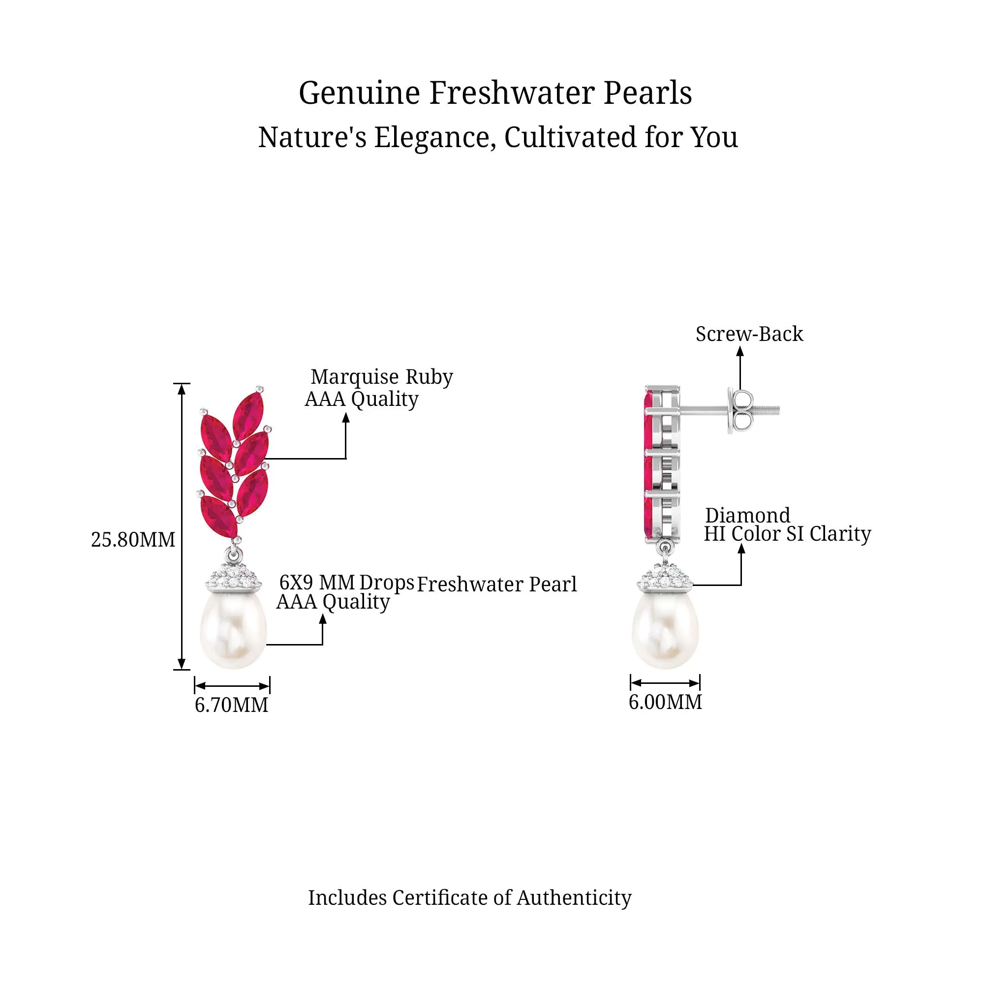 Nature Inspired Freshwater Pearl Drop Earrings with Ruby