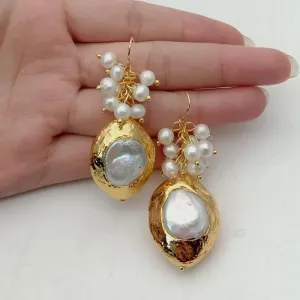 Natutal White Keshi Pearl Gold Hook Earrings