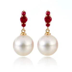 Orion Earrings in White Akoya Pearls & Rubies