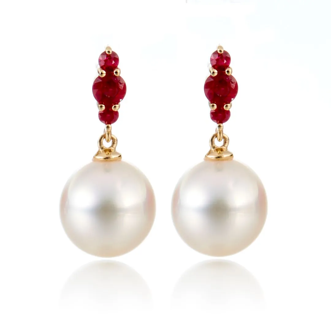 Orion Earrings in White Akoya Pearls & Rubies