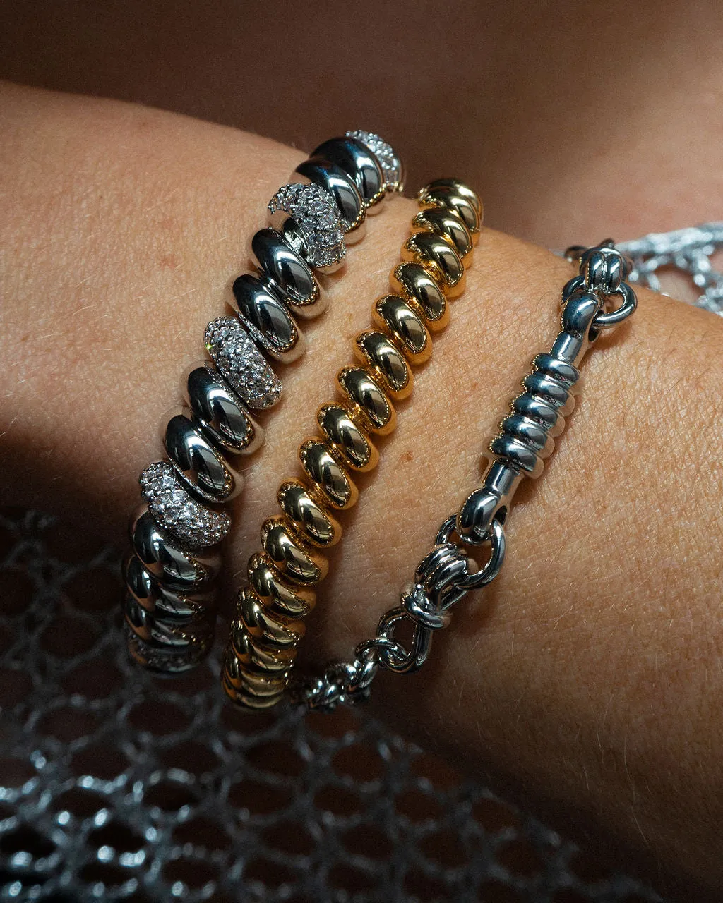 Pave Ridged Marbella Bracelet- Silver