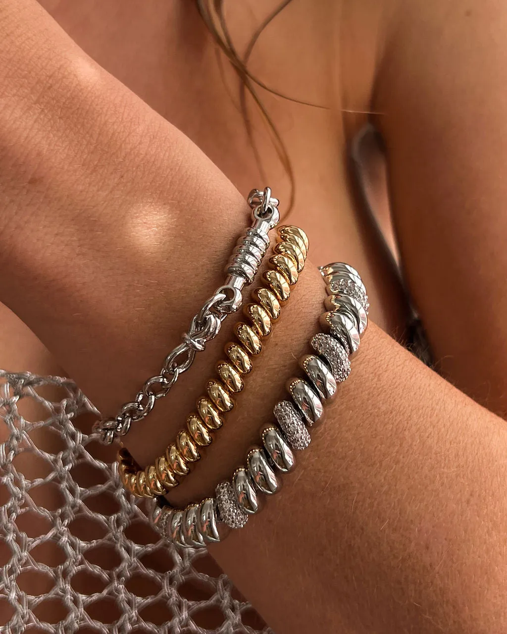 Pave Ridged Marbella Bracelet- Silver