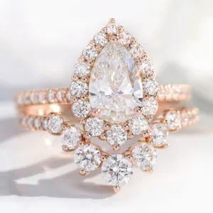 Pear Diamond Halo Pave Ring Set w/ Lab Diamond and Large 7 Stone Wedding Band