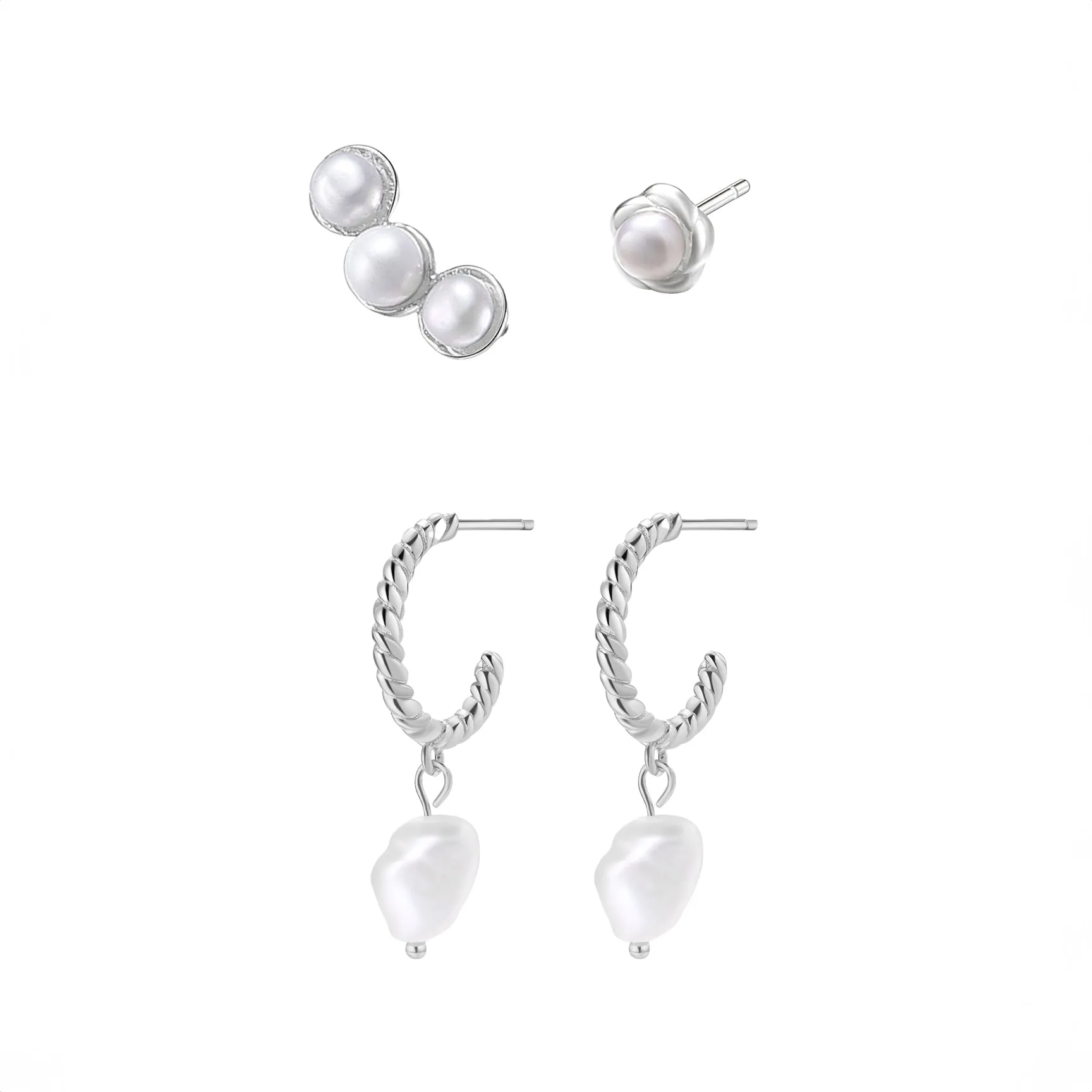 Pearl Hoop & Stud Earrings Set Sterling Silver