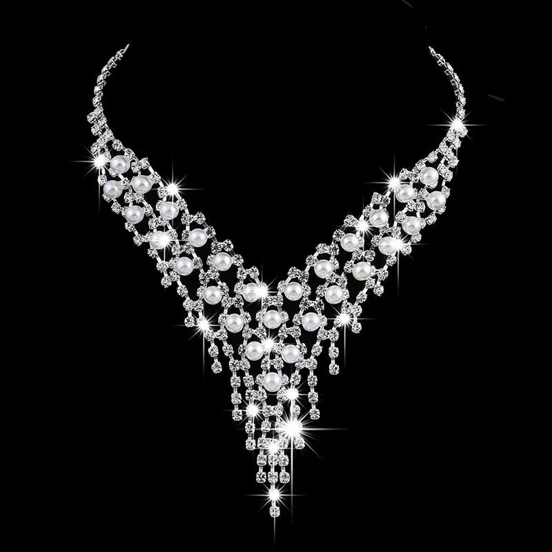 Pearl Rhinestone Necklace Earring Jewelry Set