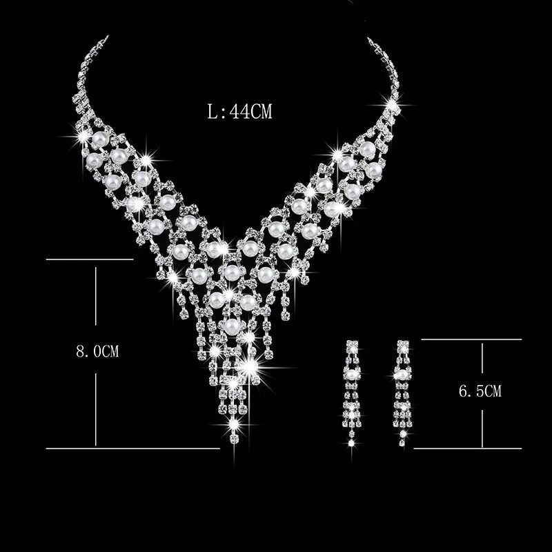 Pearl Rhinestone Necklace Earring Jewelry Set