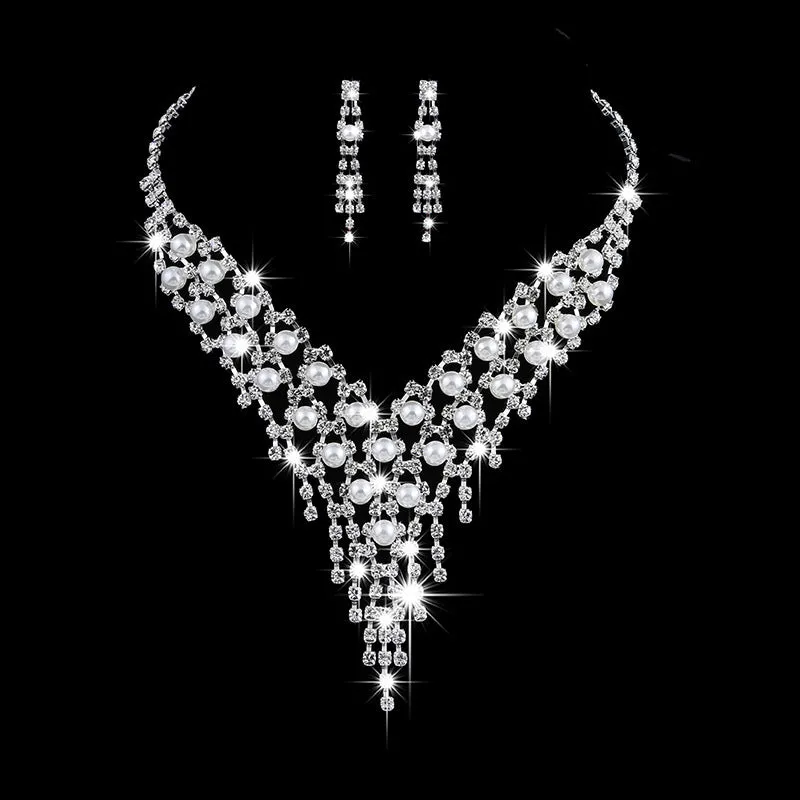 Pearl Rhinestone Necklace Earring Jewelry Set