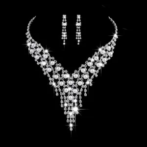 Pearl Rhinestone Necklace Earring Jewelry Set