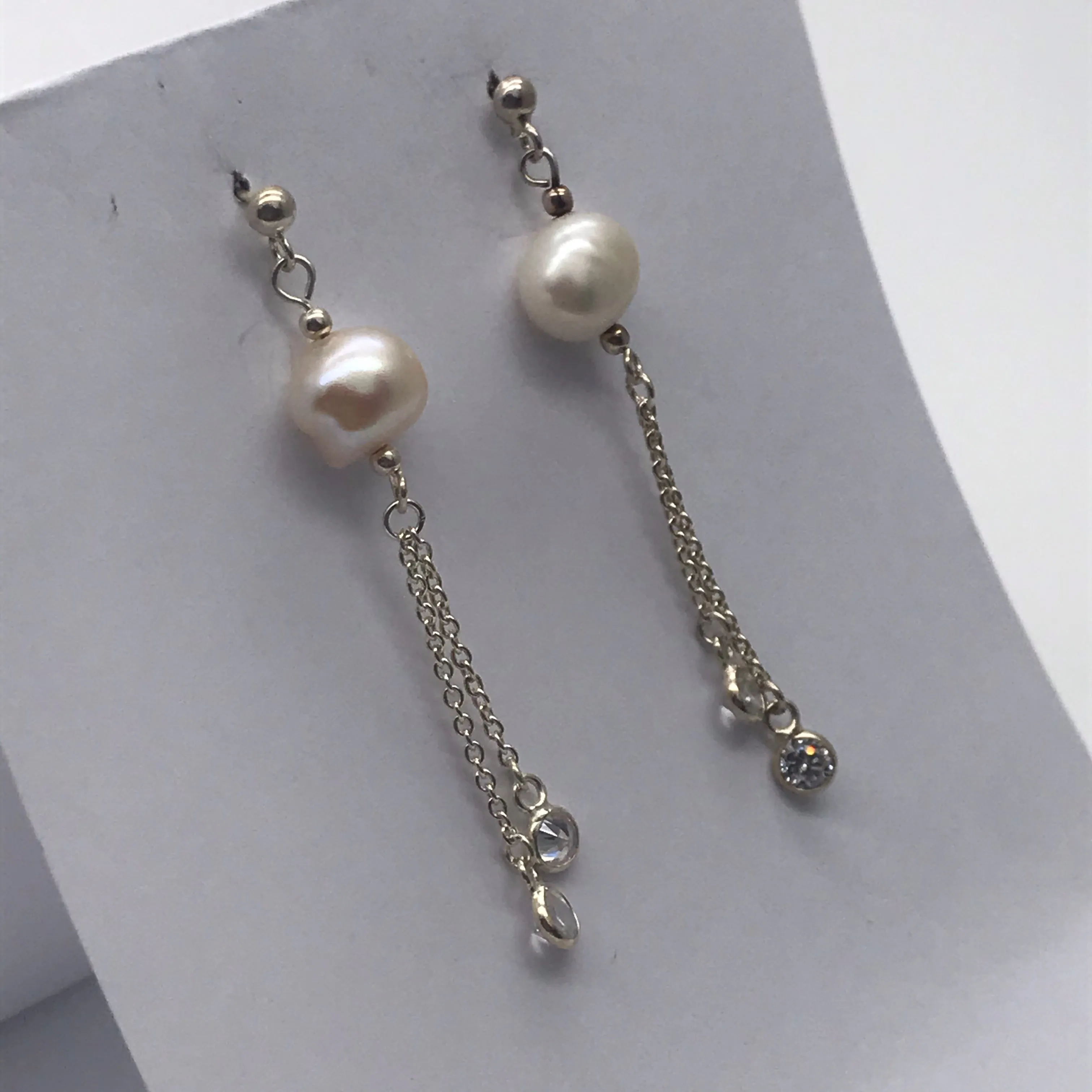 Sterling Silver Freshwater Natural Baroque Pearl CZ Dangle Earrings