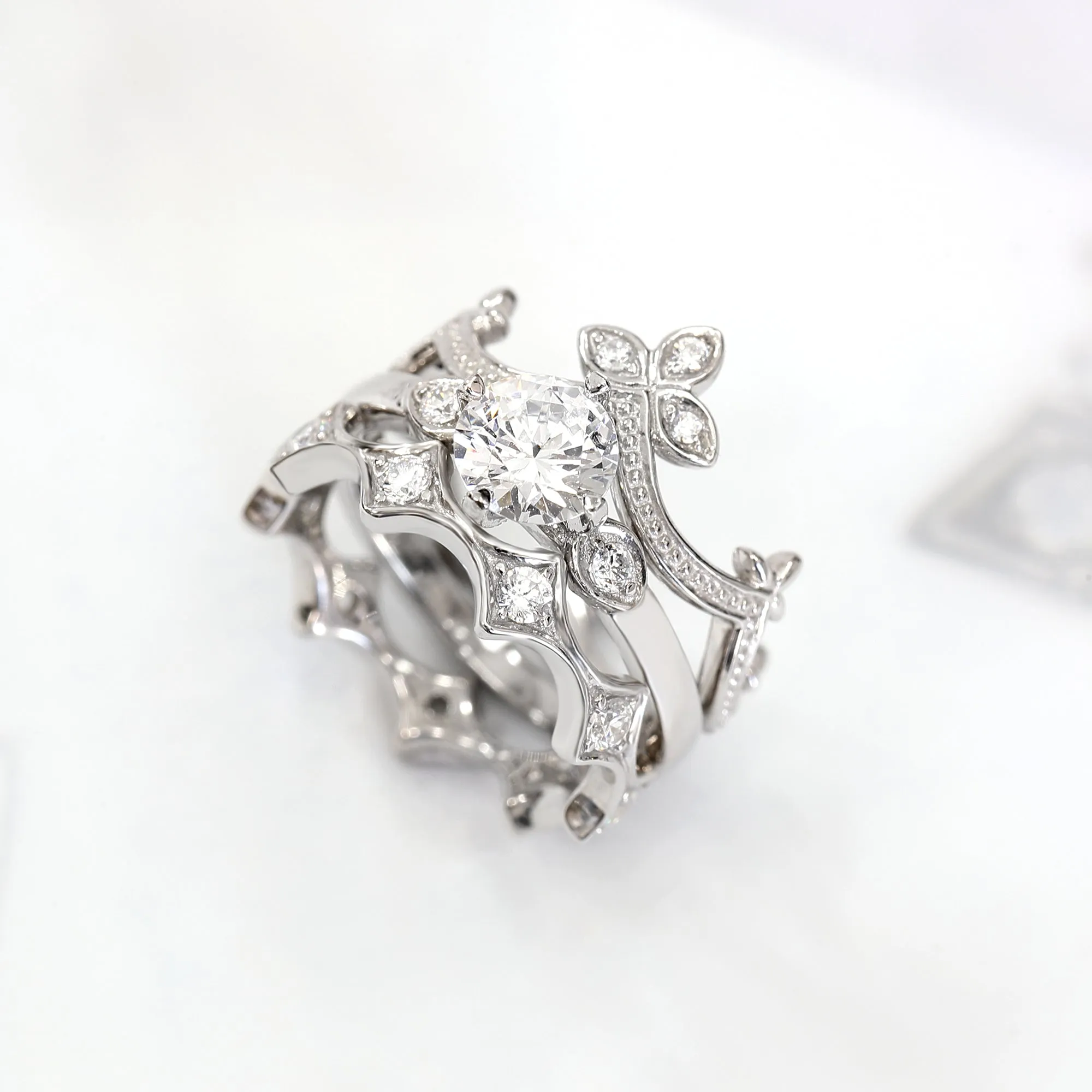 Sterling Silver Round 1 CT Solitaire Crown Stackable Rings Set