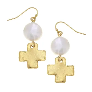 Susan Shaw Coin Pearl   Gold Cross Drop Earring
