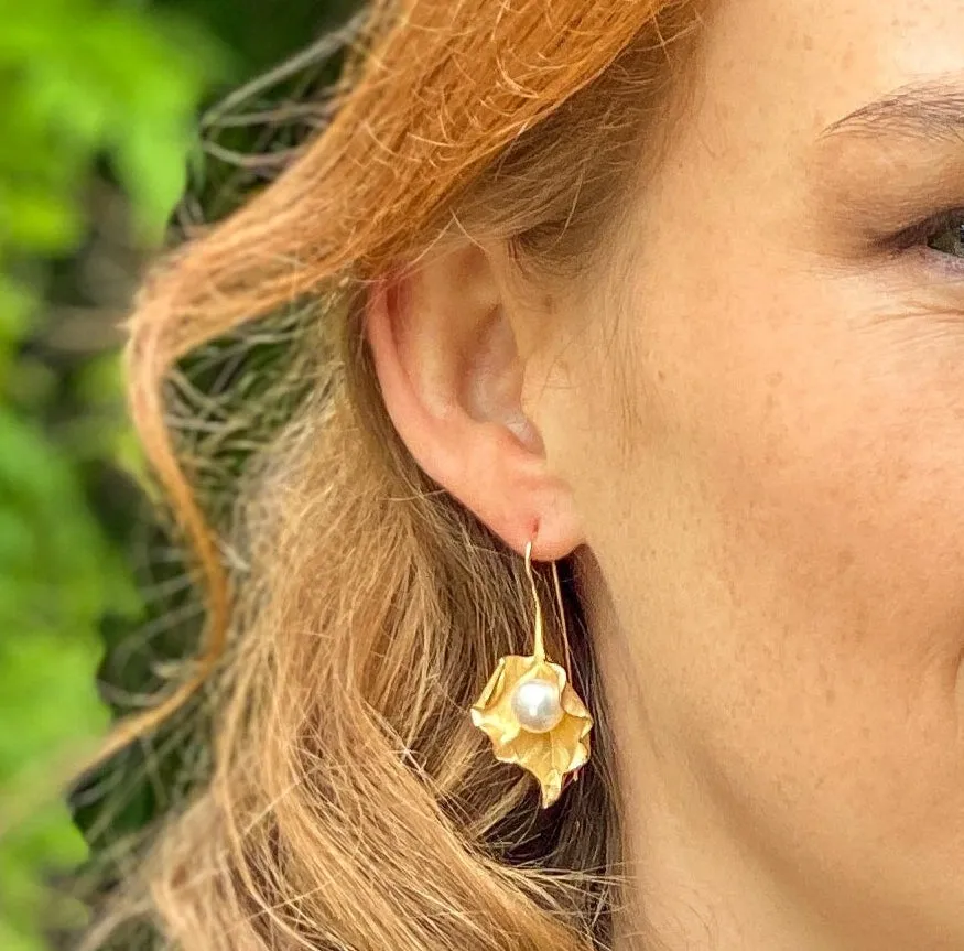 Vita Cultured Freshwater Pearl Leaf Earrings In Gold Plated Silver